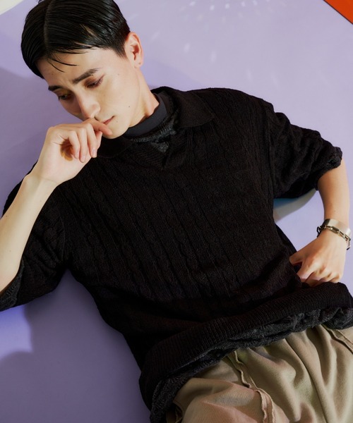 D.TT.K（ディティーティーケー）の「【ユニセックス】KNIT POLO レースニット ポロ（ニット/セーター・メンズ・ブラック/イエロー/グリーン・FREE）」の2枚目の写真