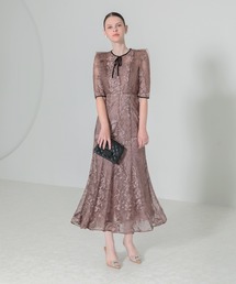 Leja レースパイピングフリルマーメイドワンピースドレス レジャ Leja 刺繍レース配色パイピングショルダーフリルマーメイド