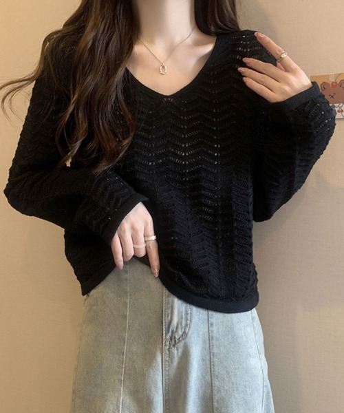 NinaetLina(ニナエリナ)の「透かし編みニット(ニット/セーター・レディース・モカ/ブラック/ホワイト/グリーン・FREE)」の2枚目の写真