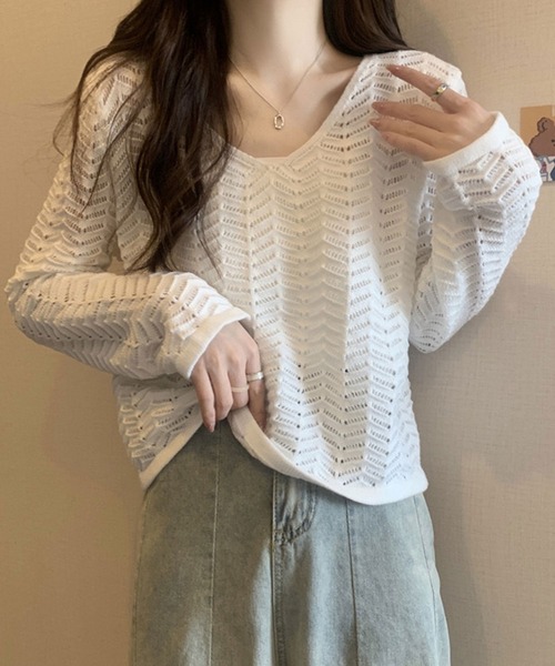 NinaetLina(ニナエリナ)の「透かし編みニット(ニット/セーター・レディース・モカ/ブラック/ホワイト/グリーン・FREE)」の11枚目の写真