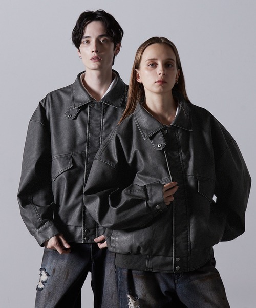 CLEL ヴィンテージデザイン合皮ブルゾン ブラック S CLEL】Vintage Design Blouson/ヴィンテージデザイン合皮