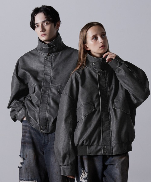 〈完売品〉【CLEL】ヴィンテージデザイン合皮ブルゾン ブラック系/M CLEL ブルゾン アウター 「CLEL」Vintage Design Blouson