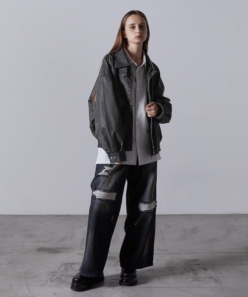 【CLEL】ヴィンテージデザイン合皮ブルゾン ブラック系　s CLEL】Vintage Design Blouson/ヴィンテージデザイン合皮