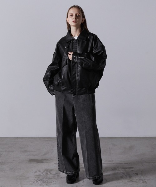 CLEL ヴィンテージデザイン合皮ブルゾン XS ブラック CLEL】Vintage Design Blouson/ヴィンテージデザイン合皮