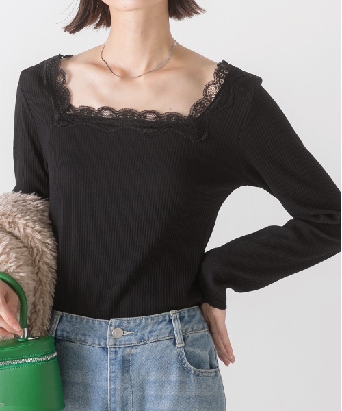 ad thie(アドティエ)の「スクエア レース テレコ ロングTシャツ(Tシャツ/カットソー・レディース・ラベンダー/ブラック/ベージュ/ピンクベージュ/モカ/オフホワイト・LARGE/MEDIUM)」の3枚目の写真