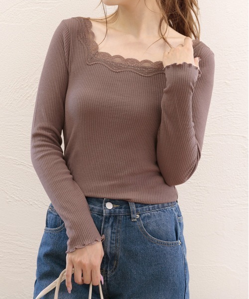 ad thie(アドティエ)の「スクエア レース テレコ ロングTシャツ(Tシャツ/カットソー・レディース・ラベンダー/ブラック/ベージュ/ピンクベージュ/モカ/オフホワイト・LARGE/MEDIUM)」の4枚目の写真
