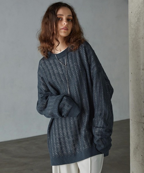 SERACE オーバーサイズ ニットセーター グレー/ブラック SERACE】Oversize openwork sheer knit / オーバーサイズ透かし