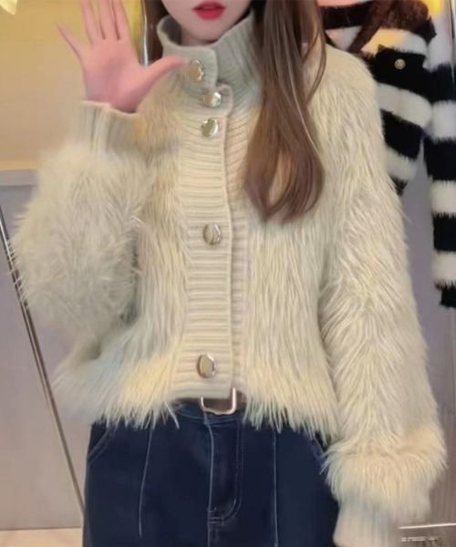 Miniministore(ミニミニストア)の「ファーカーディガン スタンドカラー 韓国(カーディガン/ボレロ・レディース・ラベンダー/ベージュ/ピンク/ホワイト・FREE)」の7枚目の写真