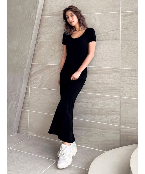 GYDA カップ付き　バックオープン フレア　ロングワンピース ボーダー GYDA カップ付き バックオープン フレア ロングワンピース