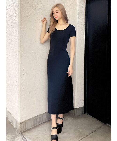 GYDA カップ付き　バックオープン フレア　ロングワンピース ボーダー GYDA カップ付き バックオープン フレア ロングワンピース