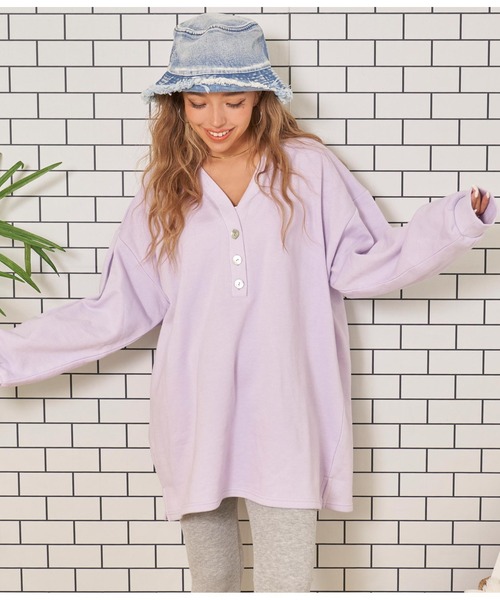 anap mimpi(アナップミンピ)の「シェルボタン ヘンリーネック 裏毛 スウェット ミニワンピース(ワンピース・レディース・ラベンダー/ベージュ系その他・FREE)」の18枚目の写真