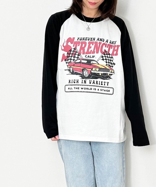 Anytime Songs(エニータイムソングス)の「16/天竺ラグラン 切り替えプリント Tシャツ(STRENGTH)(Tシャツ/カットソー・メンズ・ホワイト/アッシュ/ベージュ・LARGE/MEDIUM/X-LARGE)」の1枚目の写真