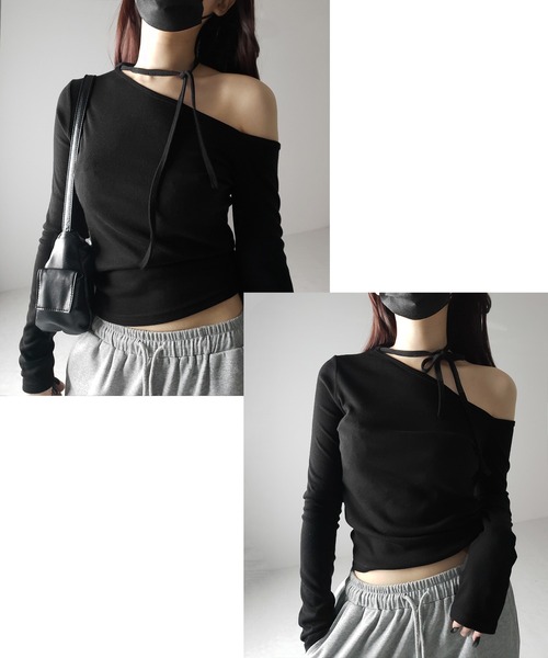 2WAY 】ストラップチョーカーリボンワンショルダーTシャツ（Tシャツ