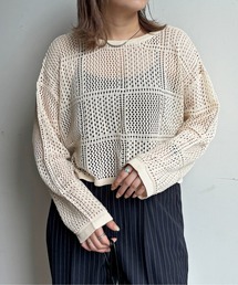 パッチワーク配色リボンメッシュニット
