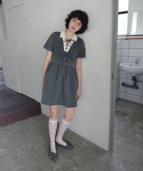 新品 24AW idem イデム ロングスリーブポロミニワンピース セール】lace up polo long sleeve onepiece / ロングスリーブ