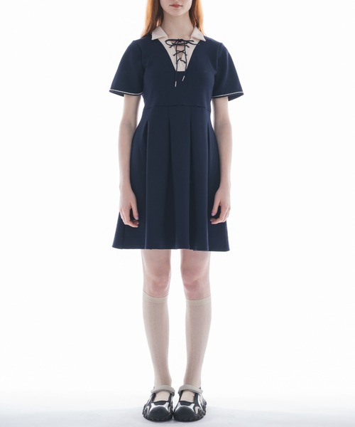 LA POMME petit レース襟半袖デニムミニワンピース レース襟半袖デニムミニワンピース Lace Collar Denim One Piece