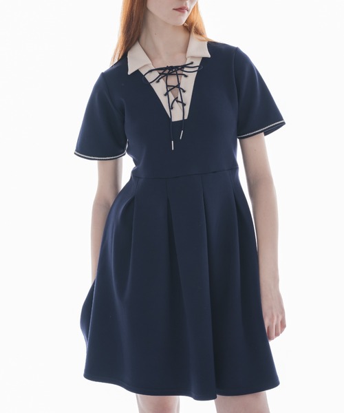 LA POMME petit レース襟半袖デニムミニワンピース lace up polo onepiece/ポロミニワンピース（ワンピース）｜idem