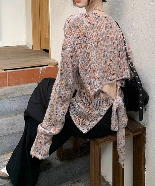 c.u.l（シーユーエル）の「ミックスカラー リボン ニットトップス culw711（ニット/セーター・レディース・グレー/ベージュ・FREE）」の2枚目の写真