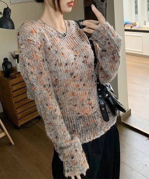 c.u.l（シーユーエル）の「ミックスカラー リボン ニットトップス culw711（ニット/セーター・レディース・グレー/ベージュ・FREE）」の3枚目の写真