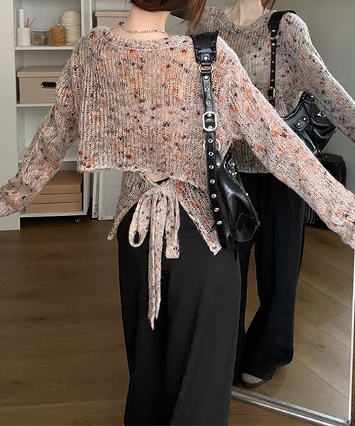 c.u.l（シーユーエル）の「ミックスカラー リボン ニットトップス culw711（ニット/セーター・レディース・グレー/ベージュ・FREE）」の4枚目の写真