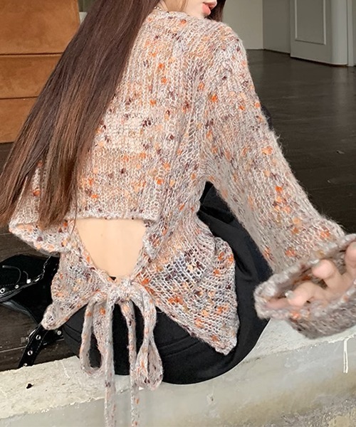 c.u.l（シーユーエル）の「ミックスカラー リボン ニットトップス culw711（ニット/セーター・レディース・グレー/ベージュ・FREE）」の6枚目の写真