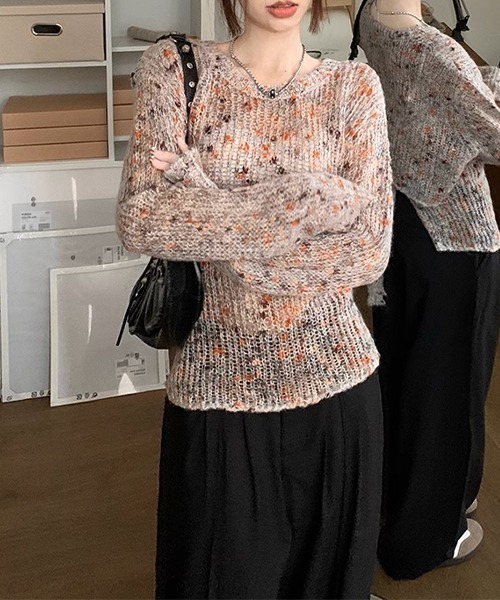 c.u.l（シーユーエル）の「ミックスカラー リボン ニットトップス culw711（ニット/セーター・レディース・グレー/ベージュ・FREE）」の8枚目の写真