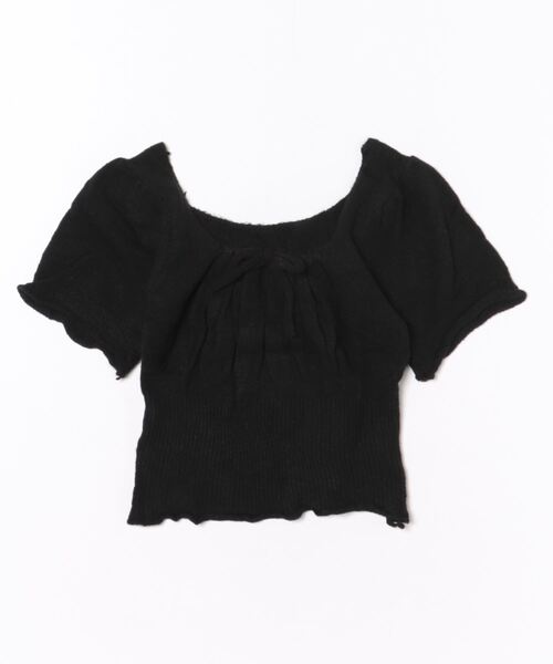 セール】スクエアネック ギャザー紐リボン 半袖ニットTシャツ