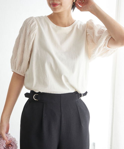 ikka（イッカ）の「袖フクレ切り替え半袖プルオーバー（Tシャツ/カットソー・レディース・ネイビー/オフホワイト/オレンジ・M/L/S）」の2枚目の写真