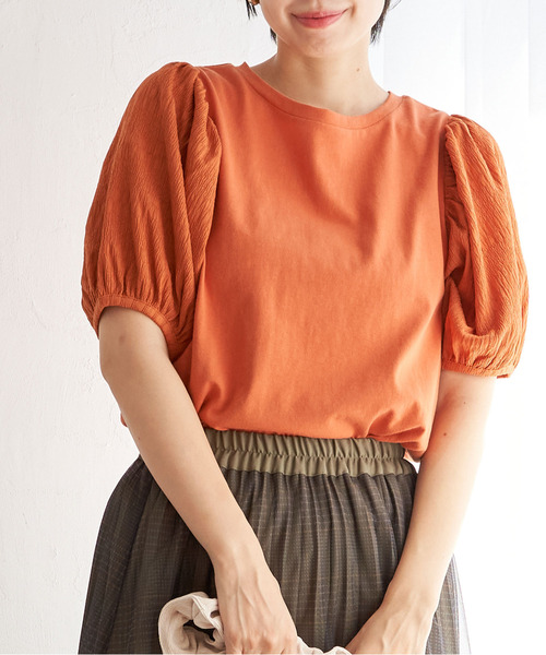 ikka（イッカ）の「袖フクレ切り替え半袖プルオーバー（Tシャツ/カットソー・レディース・ネイビー/オフホワイト/オレンジ・M/L/S）」の3枚目の写真