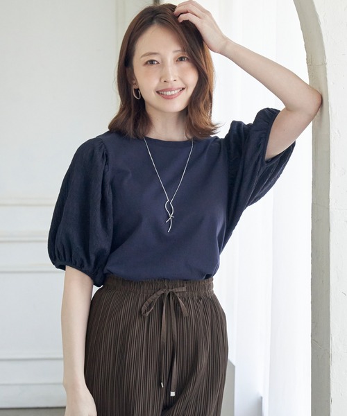 ikka（イッカ）の「袖フクレ切り替え半袖プルオーバー（Tシャツ/カットソー・レディース・ネイビー/オフホワイト/オレンジ・M/L/S）」の7枚目の写真