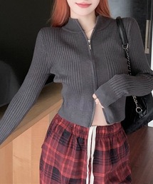 ダブルジップモックネックリブニット