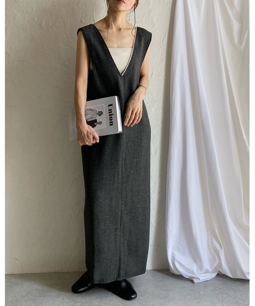 She's Closet(シーズクローゼット)の「深Vネックビジューパールジャンスカツイードロングワンピース(ワンピース・レディース・ブラウン/ブラック・SHORT/FREE)」の11枚目の写真