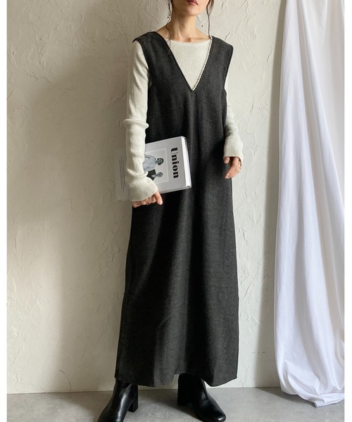 She's Closet(シーズクローゼット)の「深Vネックビジューパールジャンスカツイードロングワンピース(ワンピース・レディース・ブラウン/ブラック・SHORT/FREE)」の5枚目の写真