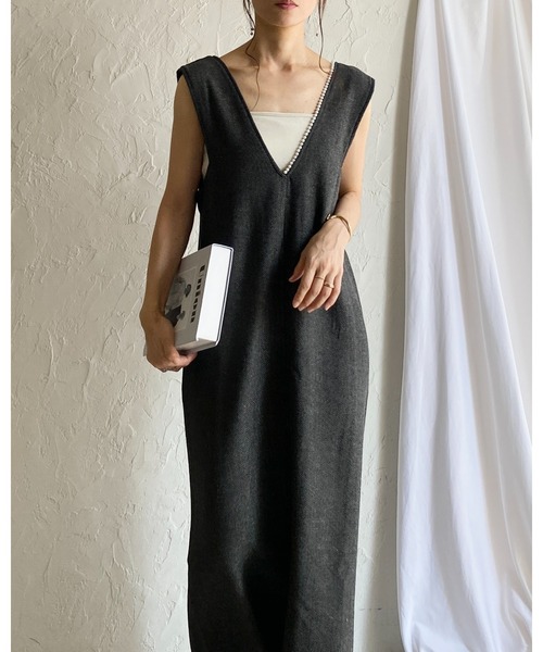 She's Closet(シーズクローゼット)の「深Vネックビジューパールジャンスカツイードロングワンピース(ワンピース・レディース・ブラウン/ブラック・SHORT/FREE)」の13枚目の写真