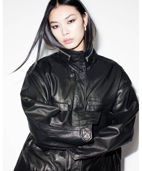 【美品】アドーア⭐️定39600円 雑誌掲載 グログランジャケット 38 ブラック ALLSAINTS（オールセインツ）の「CLAY FUNNEL NECK CROPPED LEATHER