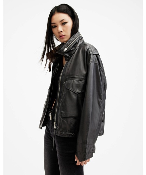 ALLSAINTS（オールセインツ）の「CLAY FUNNEL NECK CROPPED LEATHER JACKET | CLAY ファンネル ネック クロップド レザー ジャケット（その他アウター・レディース・ブラック・S/M/XS）」の9枚目の写真