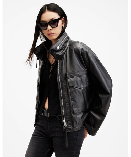ALLSAINTS（オールセインツ）の「CLAY FUNNEL NECK CROPPED LEATHER JACKET | CLAY ファンネル ネック クロップド レザー ジャケット（その他アウター・レディース・ブラック・S/M/XS）」の16枚目の写真