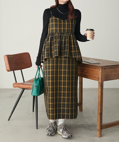 BONLECILL(ボンルシール)の「先染めチェックバックリボンレイヤード風キャミワンピース(ワンピース・レディース・ブラック/ネイビー/モスグリーン/ベージュ・FREE)」の6枚目の写真