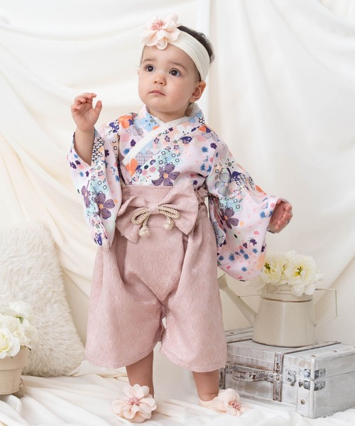 SweetMommy（スウィートマミー）の「3WAY ちりめん　2ピース袴ロンパース [ひな祭り]  [お誕生日 記念日 お食い初め お宮参り 七五三]（着物・キッズ・ホワイト×ホワイト/ブルーグレー/アイボリー/グレー×サックスブルー/ベージュ/スモークピンク/マジェンタ/ローズ・90/80/50-70）」の6枚目の写真