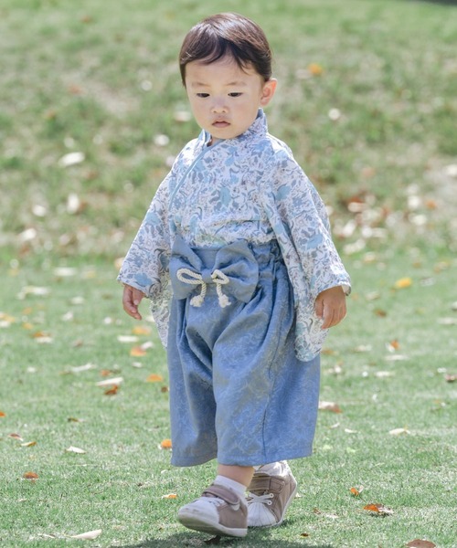 SweetMommy（スウィートマミー）の「3WAY ちりめん　2ピース袴ロンパース [ひな祭り]  [お誕生日 記念日 お食い初め お宮参り 七五三]（着物・キッズ・ホワイト×ホワイト/ブルーグレー/アイボリー/グレー×サックスブルー/ベージュ/スモークピンク/マジェンタ/ローズ・90/80/50-70）」の4枚目の写真