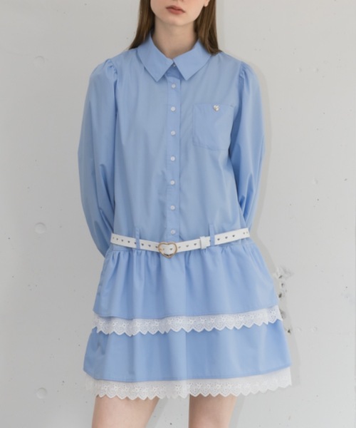 idem（イデム）の「lace skirt shirt onepiece／長袖シャツワンピース（ワンピース・レディース・ブルー/ホワイト・FREE）」の2枚目の写真