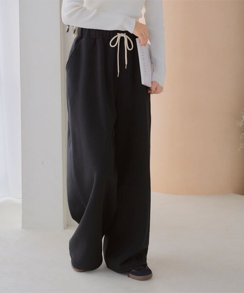 KOBE LETTUCE（コウベレタス）の「[ 裏起毛 ] ダブルウエストスウェットワイドパンツ（スウェットパンツ・レディース・グレー/ブラック・M/PM）」の2枚目の写真