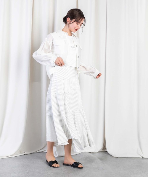 RAW FUDGE（ローファッジ）の「アシメフレアーストライプスカート（スカート・レディース・ライトグレー/オフホワイト/オリーブ・M）」の13枚目の写真