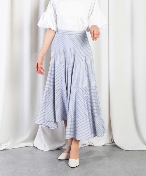 RAW FUDGE（ローファッジ）の「アシメフレアーストライプスカート（スカート・レディース・ライトグレー/オフホワイト/オリーブ・M）」の14枚目の写真