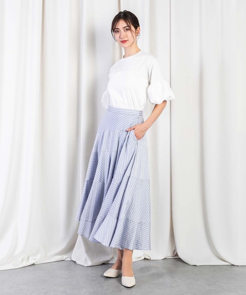 RAW FUDGE（ローファッジ）の「アシメフレアーストライプスカート（スカート・レディース・ライトグレー/オフホワイト/オリーブ・M）」の16枚目の写真