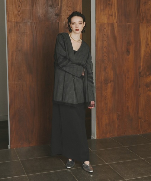 ANDRESD（アンドレスド）の「ストライプレイヤードチュールジャケット / stripe layered tulle jacket（ノーカラージャケット・レディース・チャコール/ベージュ・L/M/S）」の10枚目の写真