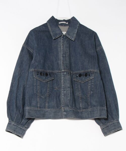 H.A.K(ハク)の「ビジューモチーフ+ドレープデニムGジャン(デニムジャケット・レディース・ブルー/ネイビー・FREE)」の1枚目の写真