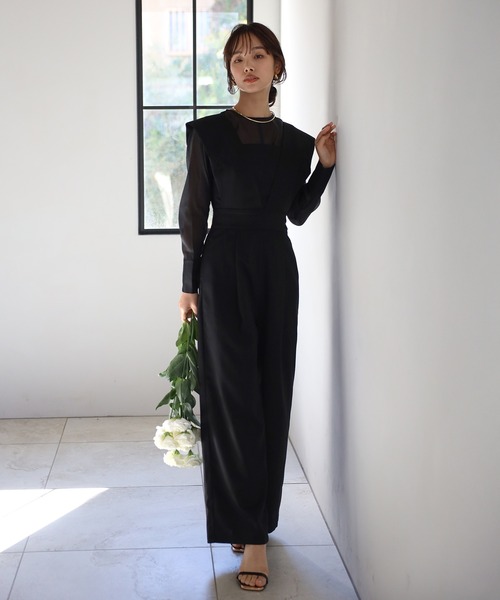 sheer blouse × deep V neck tuck overall / シアーブラウス×杢調ディープVネックタックサロペット