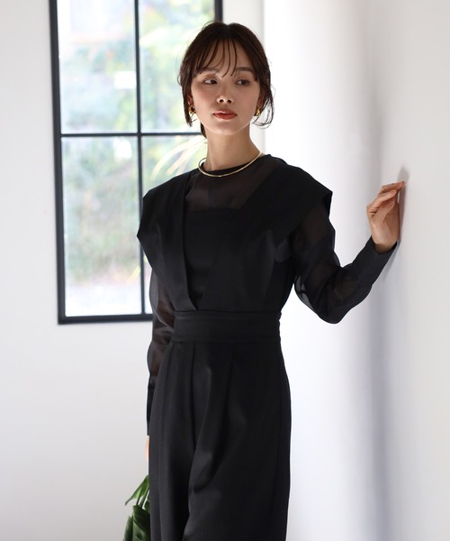 セール】sheer blouse × deep V neck tuck overall / シアー