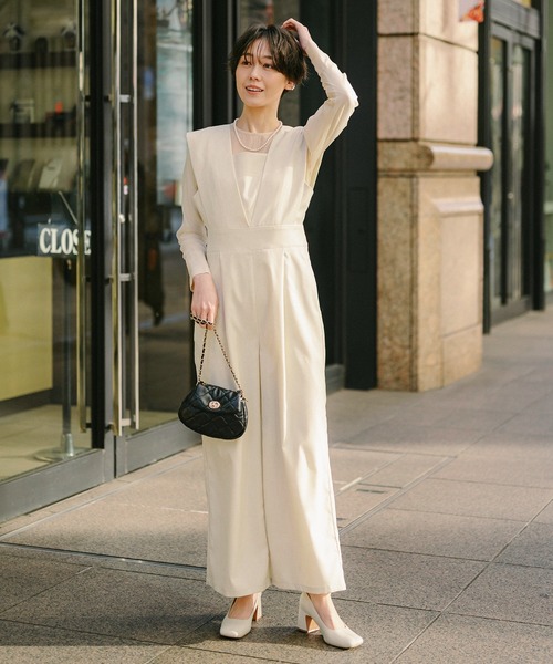セール】sheer blouse × deep V neck tuck overall / シアーブラウス